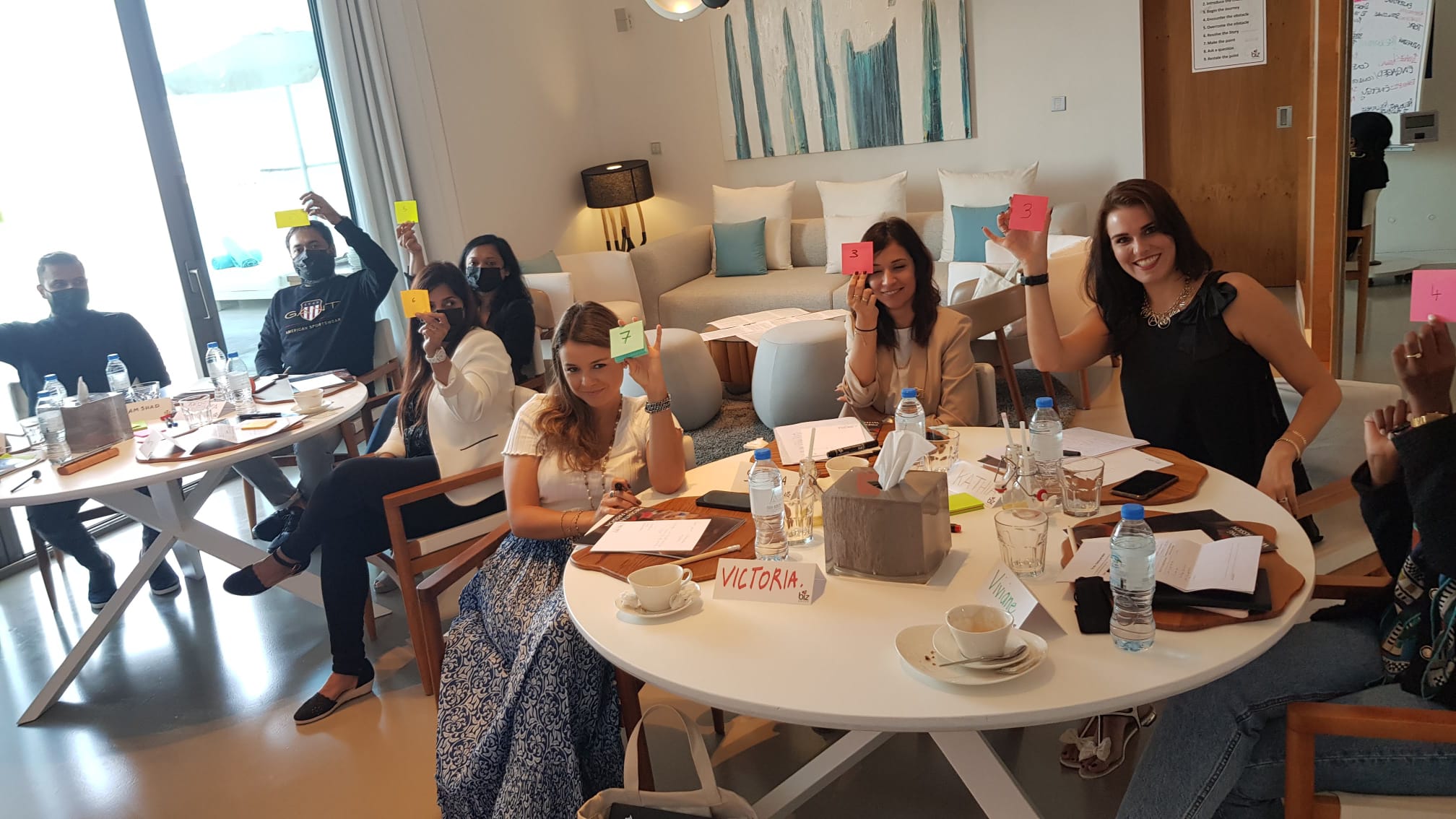 Leadership workshop group activity with scoring cards